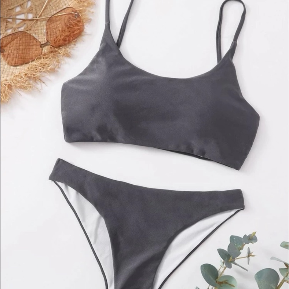 Super cute sexy shiny silky bikini - so simple chic sleek charcoal grey XS